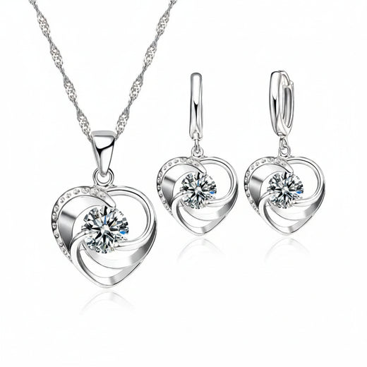 925 sterling silver heart pendant necklace and earring set