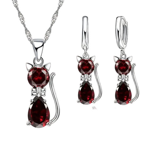 Real 925 Sterling Silver Color Jewelry Sets for Woman Girls Shining Austrian Crystal Cute Cat Pendant Necklace Huggie Earring Jewelry Town