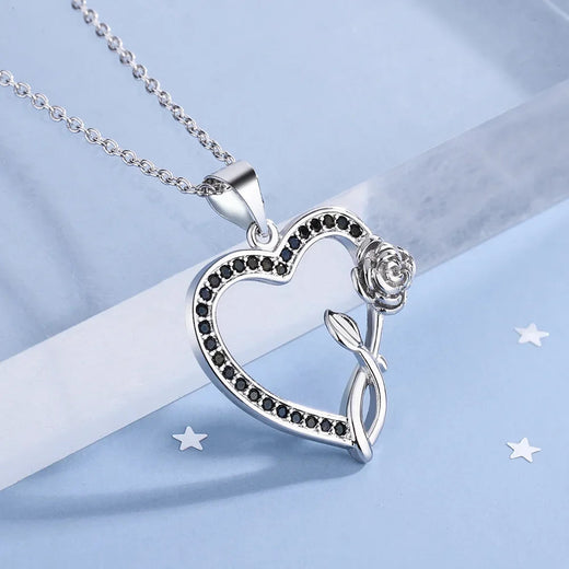 S925 Sterling Silver Heart Shape Rose Black Zirconia Pendant Necklace (40cm +5.0cm) Luxury Jewelry Jewelry Town
