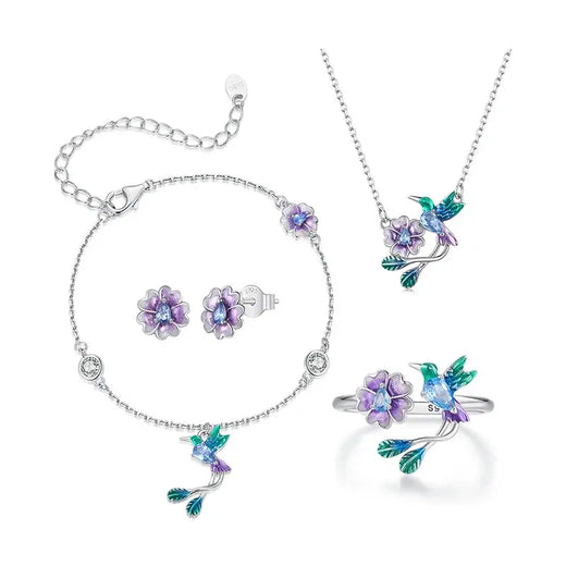 Sterling Silver Flower & Bird Jewelry Set with Purple Zircon eprolo