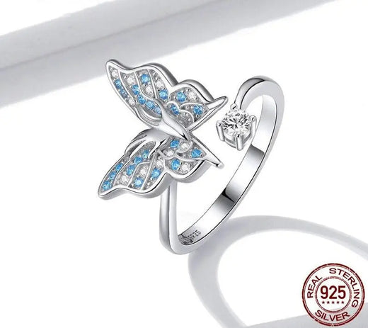 925 Sterling Silver Blue Enamel Butterfly Ring in a wrap design.