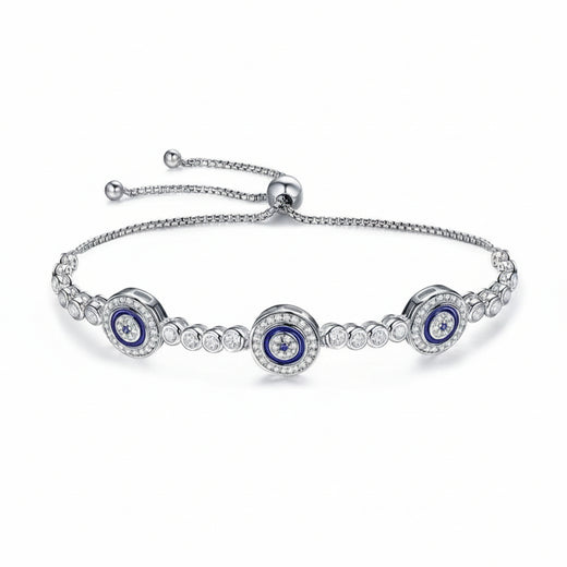 Blue Evil Eye tennis bracelet in 925 sterling silver with transparent cubic zirconia