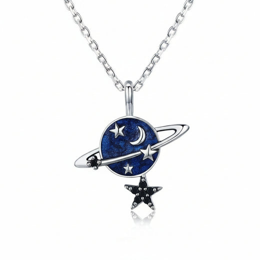 Blue planet and stars pendant necklace in 925 sterling silver