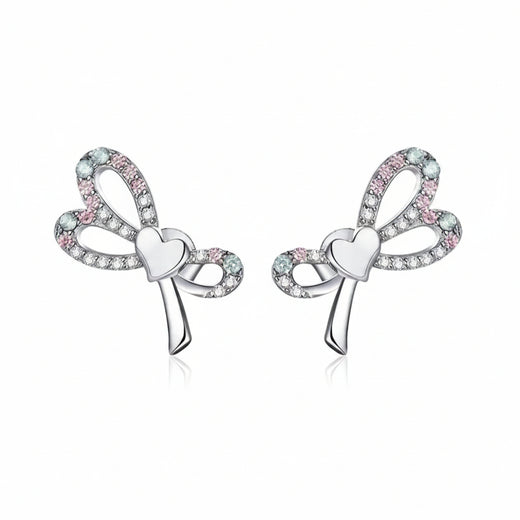 Bow knot earrings in 925 sterling silver with pink and blue cubic zirconia