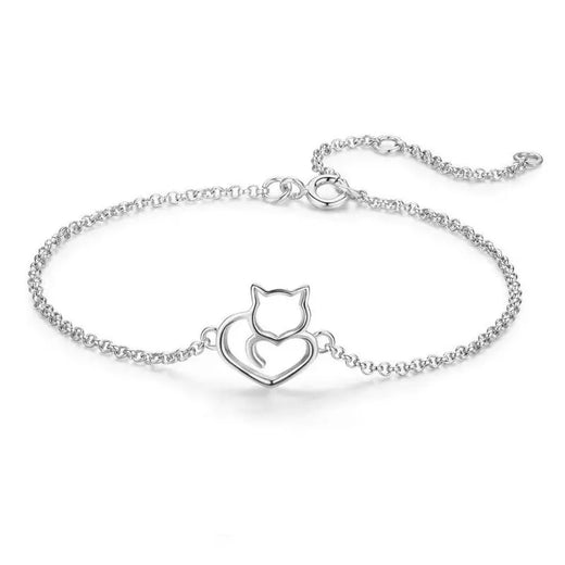 925 sterling silver cat and heart bracelet – Silver finish