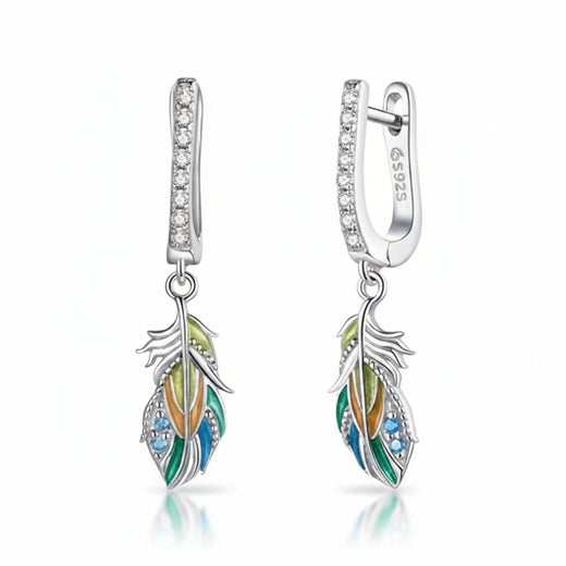 Coloured feather drop earrings in 925 sterling silver