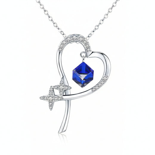 Blue zircon heart and star necklace in 925 sterling silver