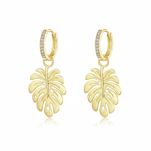 Gold-plated Monstera leaf drop earrings in 925 sterling silver