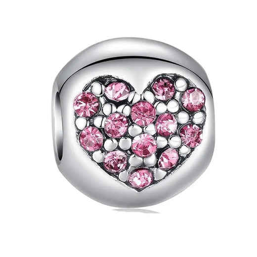 925 Sterling Silver Pink Heart Charm with enamel and cubic zirconia, fits Pandora bracelet