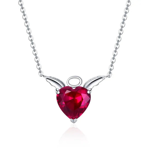 Red heart pendant with sculpted wing design in sterling silver