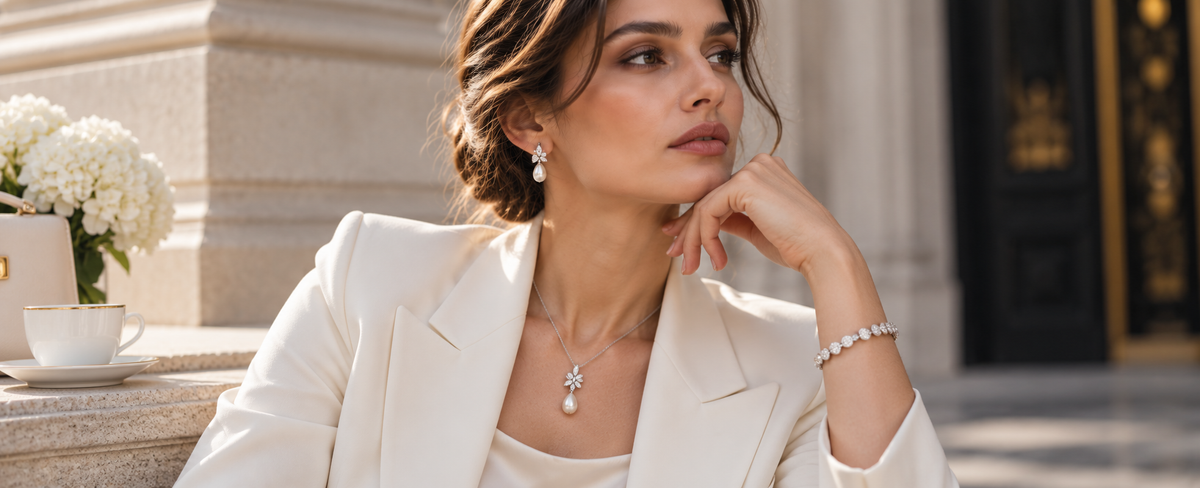Woman in an ivory blazer wearing an elegant statement pendant necklace for the 2026 big pendant trend