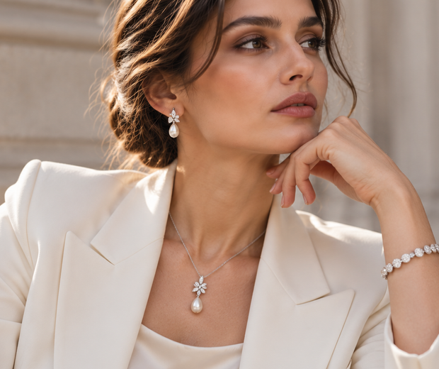 Woman in an ivory blazer wearing an elegant statement pendant necklace for the 2026 big pendant trend