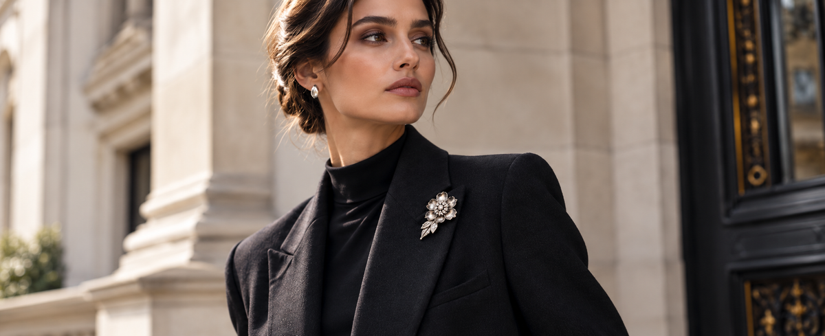 Woman wearing a refined floral silver brooch on a black blazer for the 2026 brooch trend