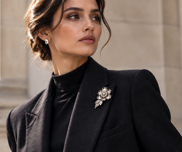Woman wearing a refined floral silver brooch on a black blazer for the 2026 brooch trend