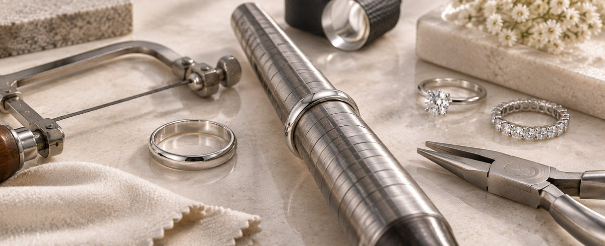 925 sterling silver rings on a jeweler ring mandrel with resizing tools for Jewelry Towns ring resizing guide