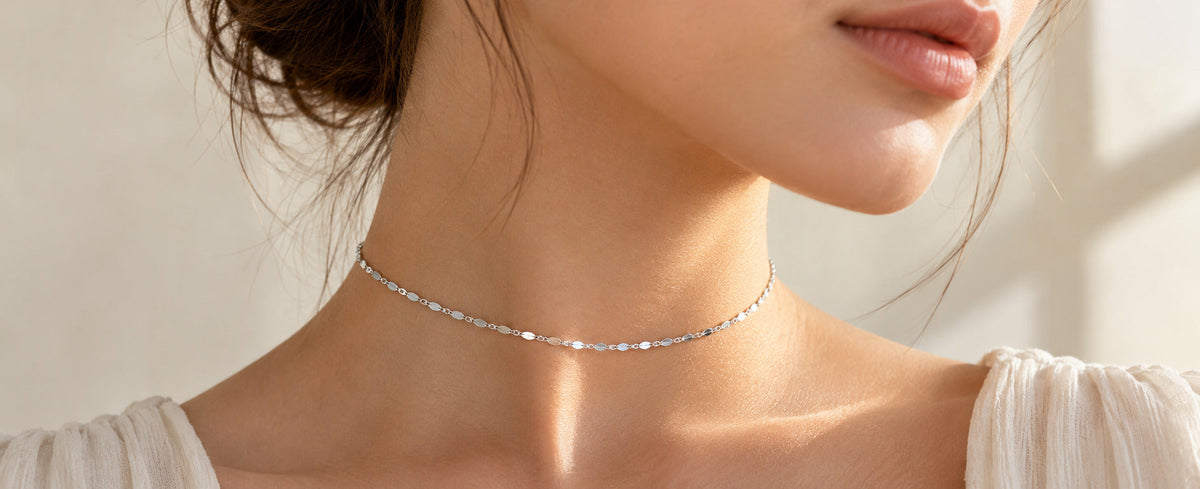 Sterling silver choker worn at the base of the neck for Jewelry Towns choker guide