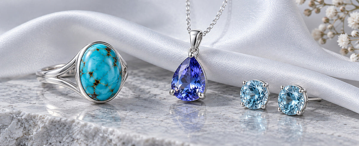 Turquoise tanzanite and blue zircon jewelry in sterling silver for Jewelry Towns December birthstone guide