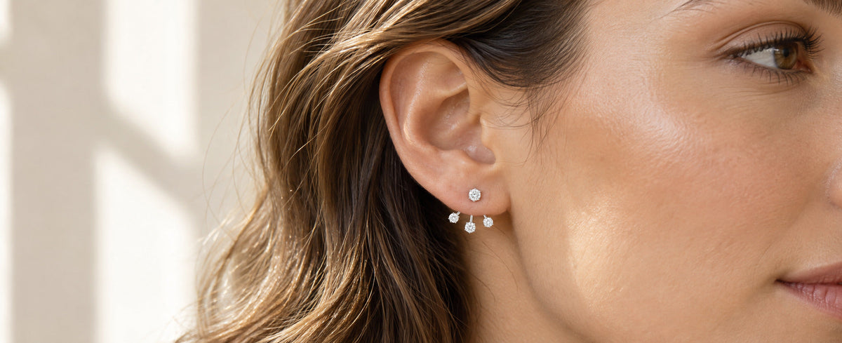 Sterling silver ear jacket with front stud and curved stones behind the lobe for Jewelry Towns guide