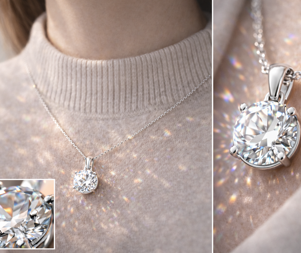 Close-up of a faceted gemstone pendant in 925 sterling silver resting on a modest high-neck knit top, with soft rainbow light reflections and a macro inset showing the gemstone’s sparkle and silver setting.