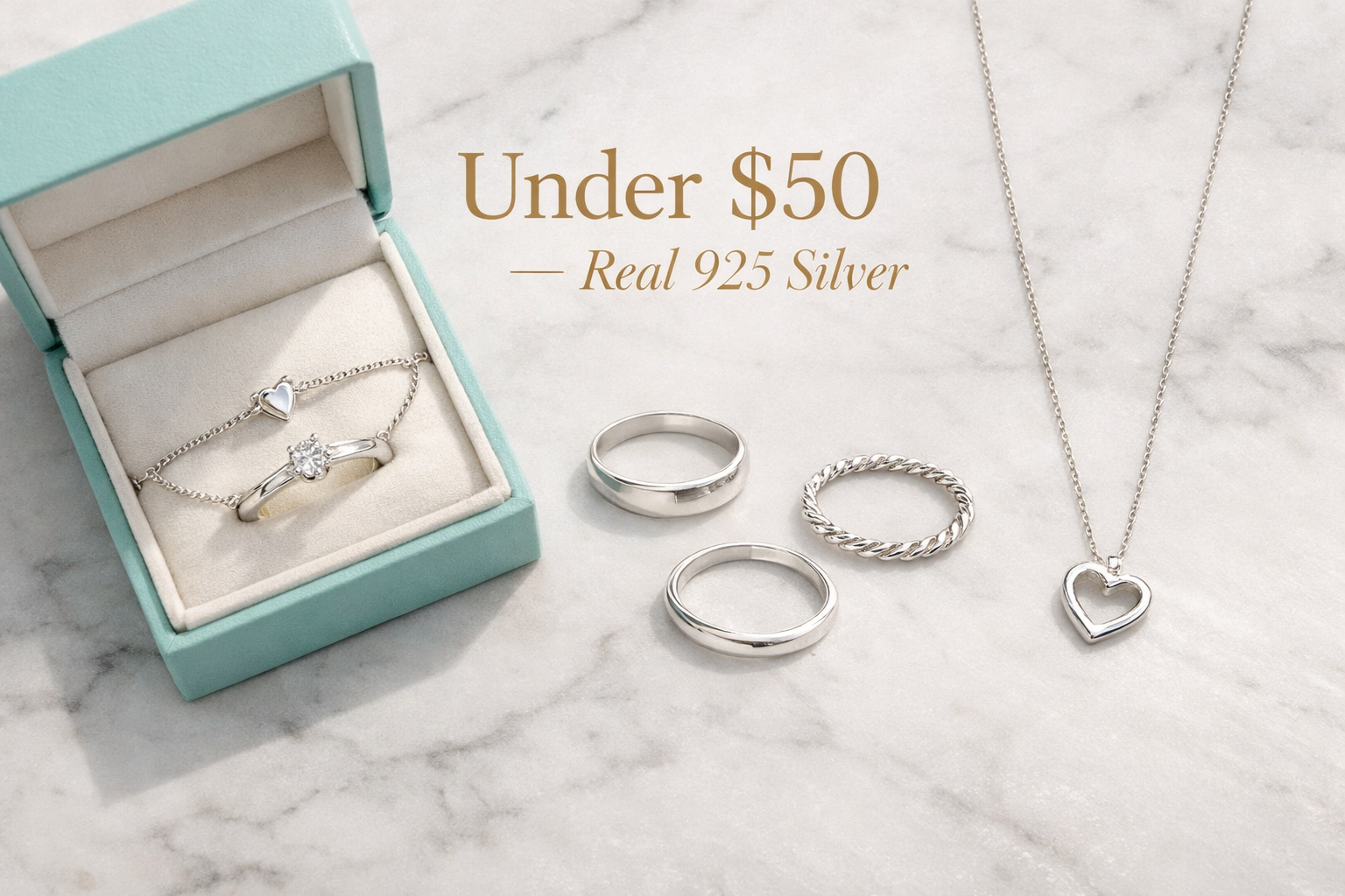 best jewelry gifts under $50 2026 real 925 sterling silver rings bracelet necklace minimalist flat lay