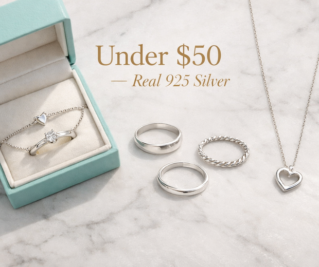 best jewelry gifts under $50 2026 real 925 sterling silver rings bracelet necklace minimalist flat lay