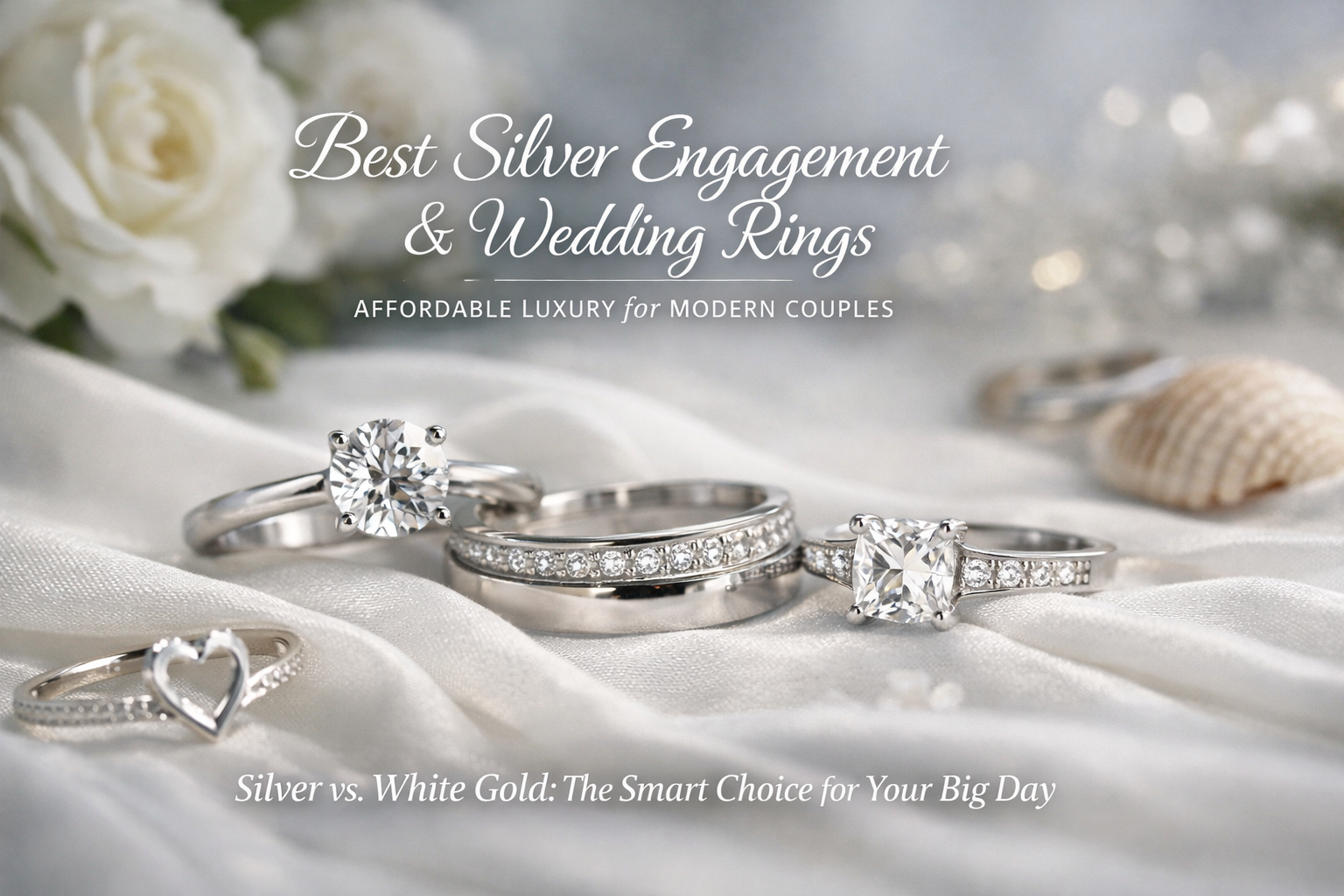 Silver engagement and wedding rings arranged on soft white satin with blurred white roses in the background, styled as a romantic luxury bridal jewelry banner.