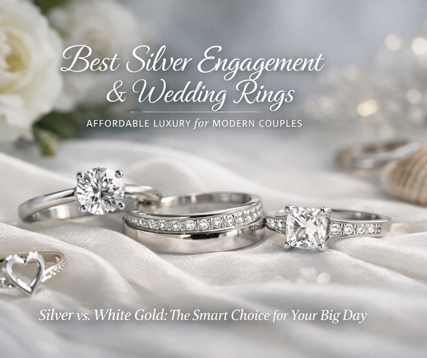 Silver engagement and wedding rings arranged on soft white satin with blurred white roses in the background, styled as a romantic luxury bridal jewelry banner.