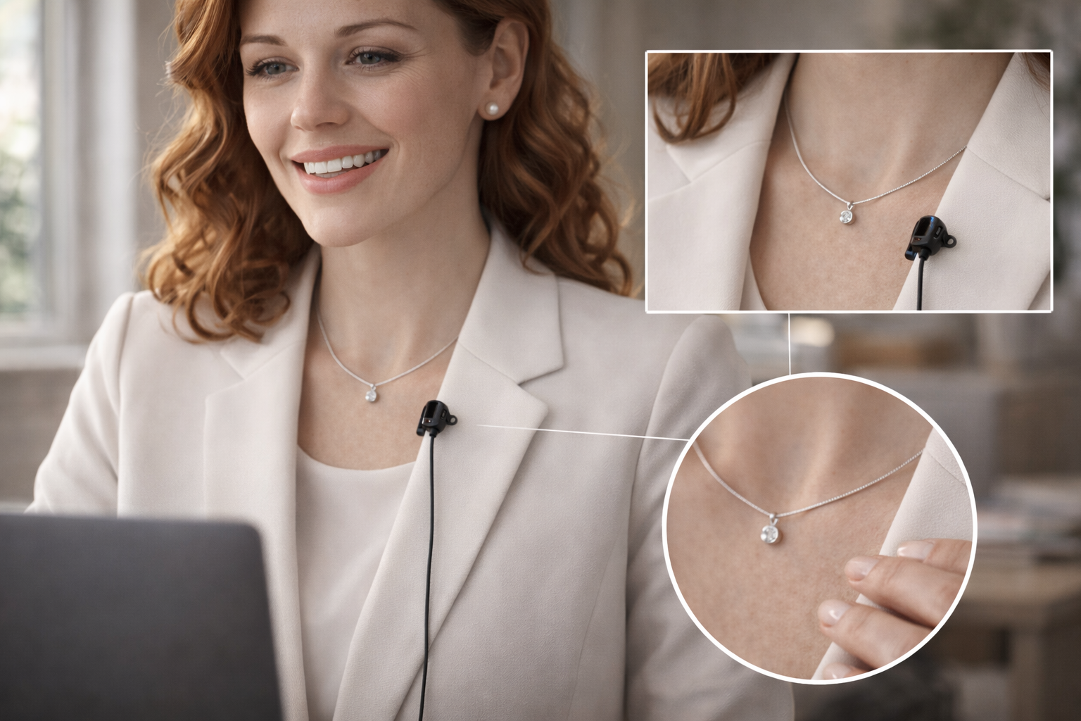 Professional woman on a Zoom call wearing a short sterling silver pendant necklace and a lapel microphone clipped away from the chain, with a close-up inset showing the necklace resting flat for noise-free audio.