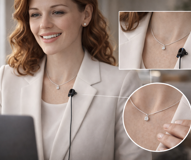 Professional woman on a Zoom call wearing a short sterling silver pendant necklace and a lapel microphone clipped away from the chain, with a close-up inset showing the necklace resting flat for noise-free audio.