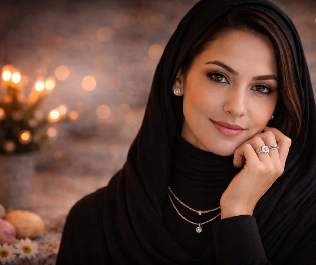 modest elegant woman in black hijab with covered neck wearing sterling silver jewelry in a warm emotional portrait setting