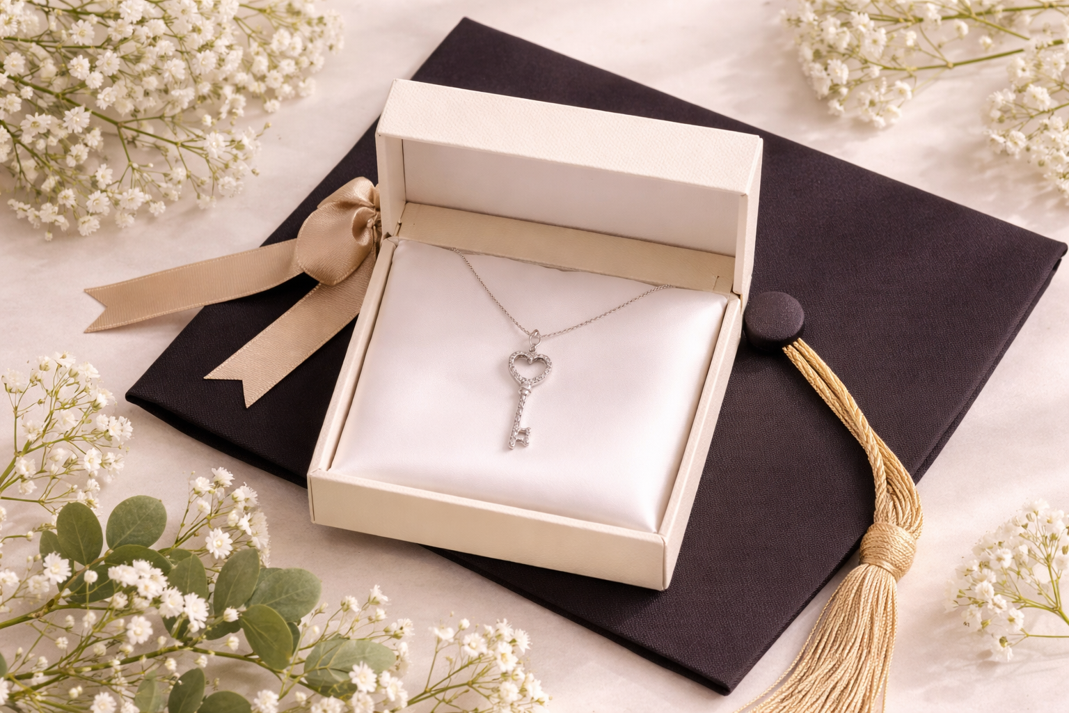 Open jewelry gift box with a 925 sterling silver key pendant necklace on white satin, placed on a graduation cap with white flowers and green leaves.