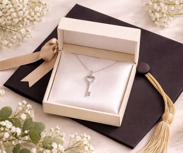 Open jewelry gift box with a 925 sterling silver key pendant necklace on white satin, placed on a graduation cap with white flowers and green leaves.