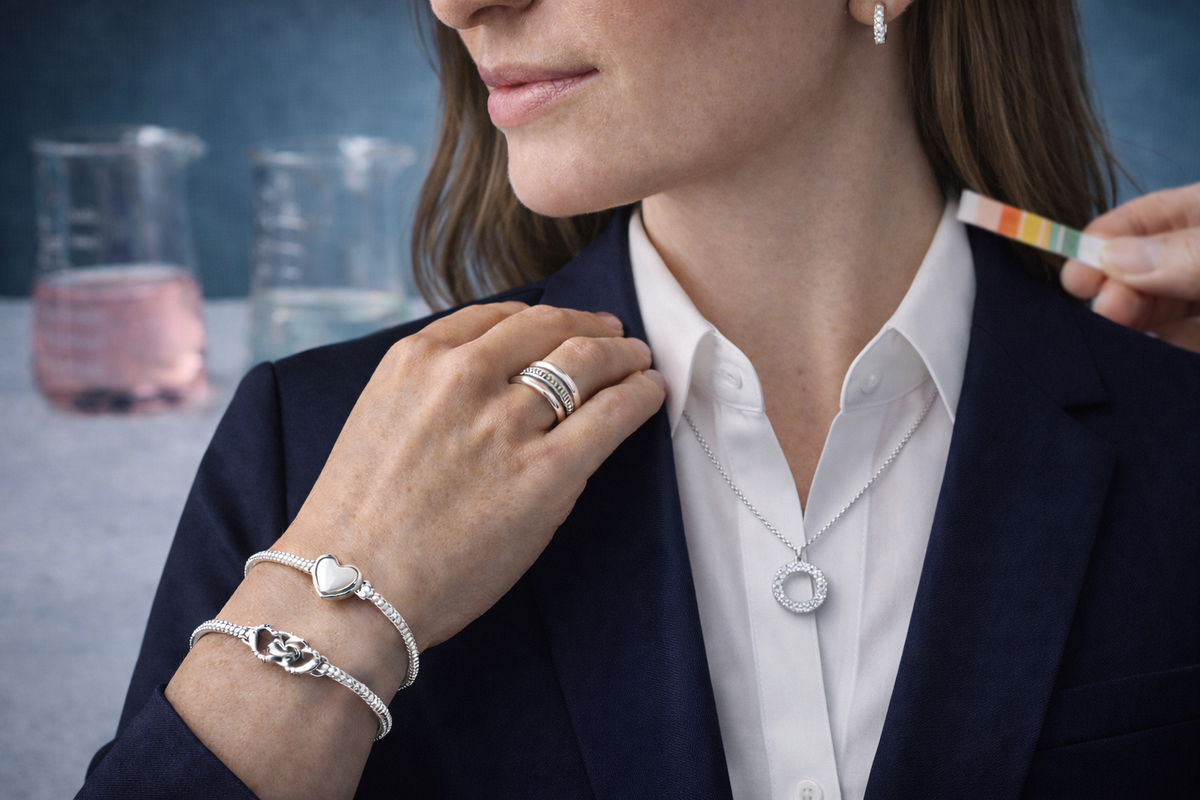 Close-up of a woman in a navy blazer and white buttoned shirt wearing sterling silver earrings, bracelets, ring, and pendant necklace, with blurred lab glassware and a pH test strip in the background.