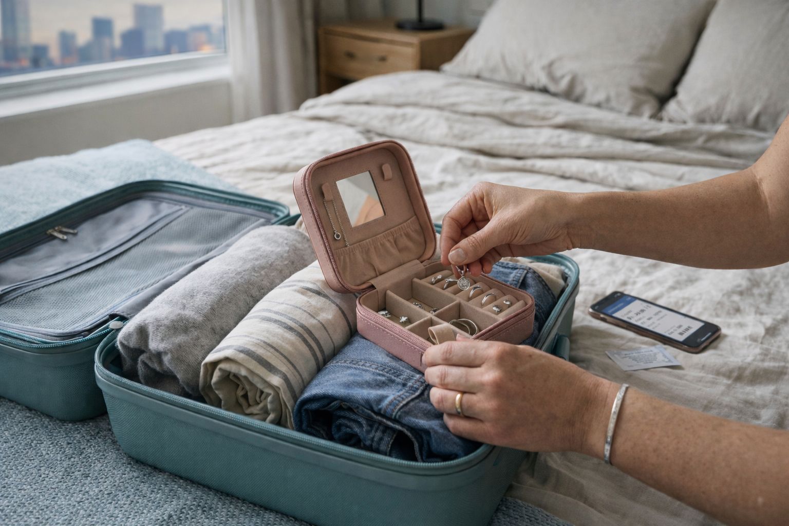 Woman’s hands arranging 925 silver jewellery in a half-open travel jewellery case beside an open suitcase and clothes on a hotel bed.