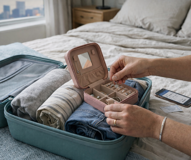 Woman’s hands arranging 925 silver jewellery in a half-open travel jewellery case beside an open suitcase and clothes on a hotel bed.
