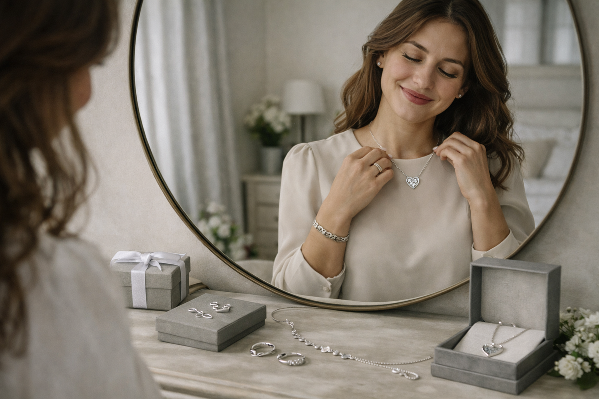 Woman trying on a 925 sterling silver heart necklace in soft natural light.