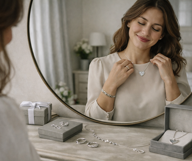 Woman trying on a 925 sterling silver heart necklace in soft natural light.