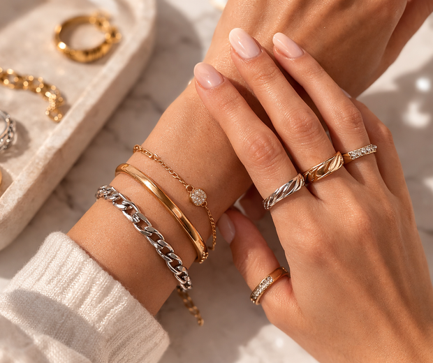 How to mix silver and gold jewelry — 925 sterling silver rings and bracelets styled together