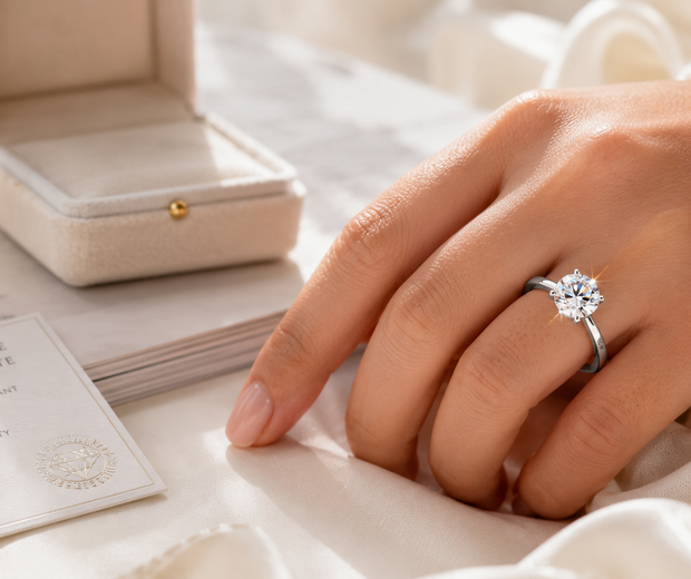 Luxury editorial close-up of a round-cut moissanite solitaire ring in 925 sterling silver on a feminine hand, featured in a sustainable sparkle jewelry guide.