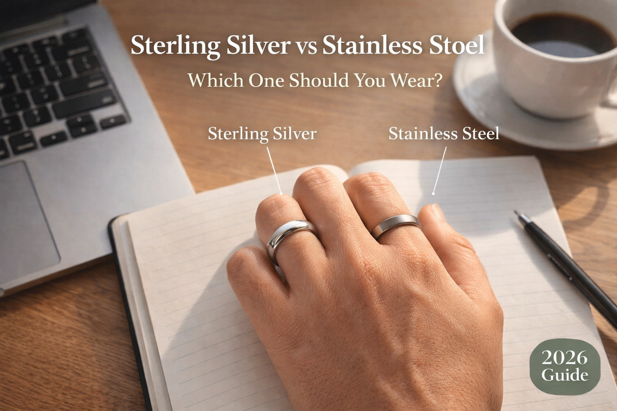 Close-up comparison of a 925 sterling silver ring and stainless steel ring worn on a hand over a workspace desk, illustrating the difference between sterling silver and stainless steel jewelry – 2026 guide
