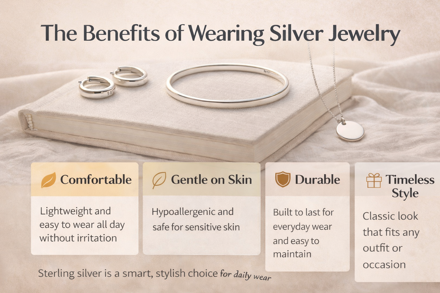 Sterling silver jewelry highlighting comfort, skin-friendly wear, durability, and timeless style.