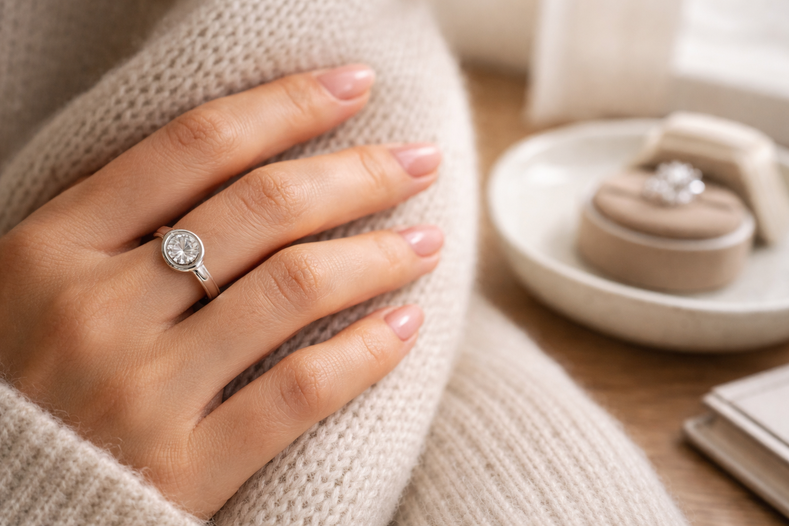 bezel-set engagement ring in 925 sterling silver on hand with prong-set ring blurred in background natural lifestyle scene