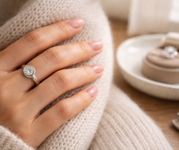 bezel-set engagement ring in 925 sterling silver on hand with prong-set ring blurred in background natural lifestyle scene