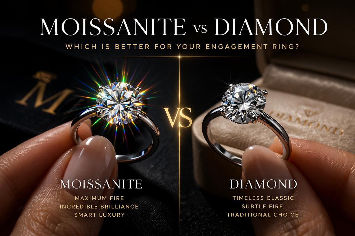 moissanite vs diamond engagement ring close-up real hand natural lighting sparkle difference comparison