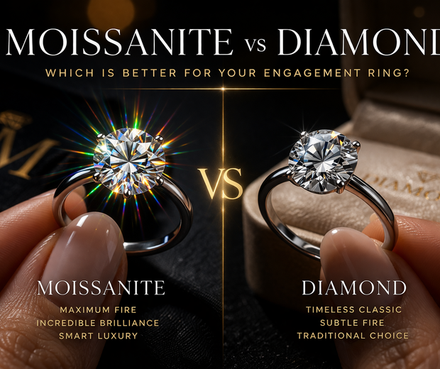 moissanite vs diamond engagement ring close-up real hand natural lighting sparkle difference comparison