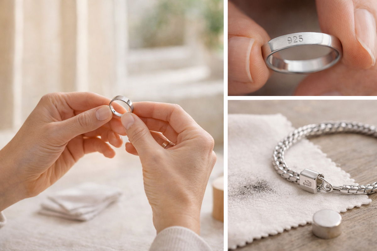 Feminine hands checking a sterling silver ring in natural window light, shown in a realistic editorial collage with a macro 925 hallmark close-up and a polishing cloth beside a silver bracelet.
