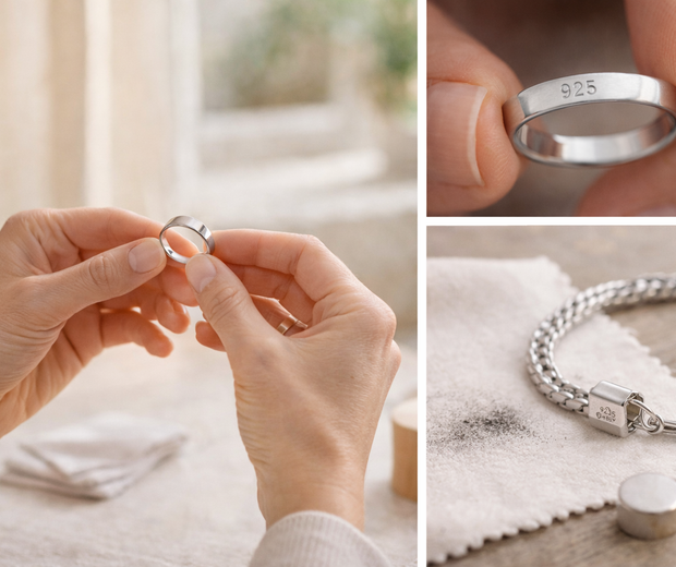 Feminine hands checking a sterling silver ring in natural window light, shown in a realistic editorial collage with a macro 925 hallmark close-up and a polishing cloth beside a silver bracelet.