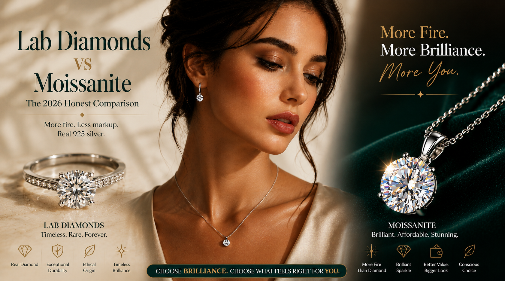 Elegant woman between lab diamond ring and sparkling moissanite pendant in a luxury 2026 jewelry comparison banner.