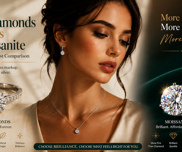 Elegant woman between lab diamond ring and sparkling moissanite pendant in a luxury 2026 jewelry comparison banner.