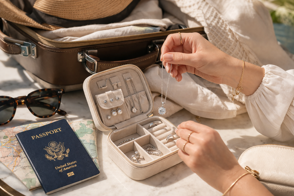 Open ivory travel jewelry case being packed with sterling silver pieces beside a suitcase, passport, sunglasses, and travel essentials in a warm editorial travel scene.